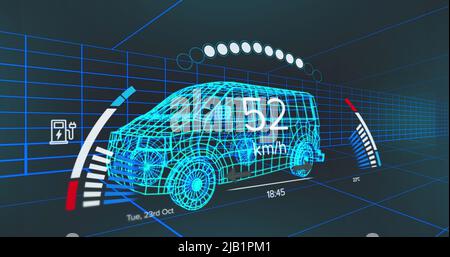 Image de l'indicateur de vitesse, du gps et des données d'état de charge sur l'interface du véhicule, plus d'un modèle de fourgonnette 3D Banque D'Images