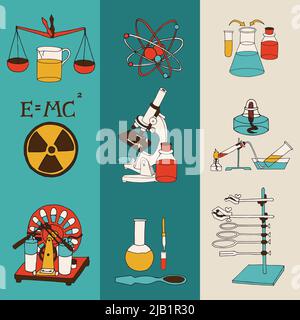 Science chimie et physique recherche scientifique équipement de laboratoire dessin coloré bannière ensemble illustration vectorielle isolée Illustration de Vecteur