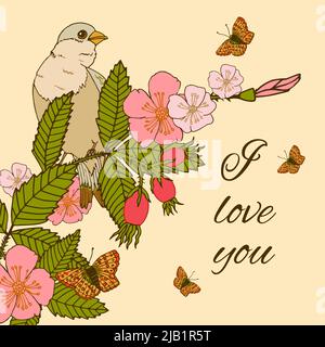 Vintage romantique résumé fleurs d'été branches carte postale fond avec oiseau et papillons illustration vectorielle. Illustration de Vecteur