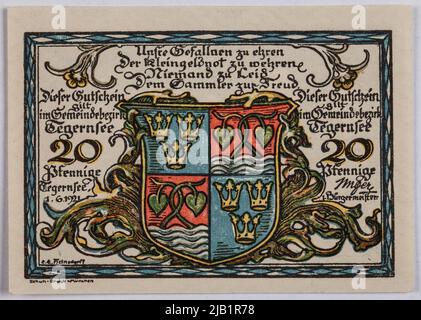 Bon de remplacement AU 20 Pfennig, communauté, Tegernsee ; Allemagne, 1/06/1921. Banque D'Images