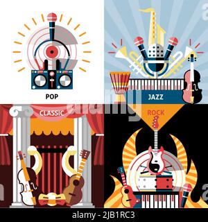 Instruments de musique icônes plates avec pop jazz classique rock isolé illustration vectorielle. Illustration de Vecteur