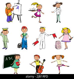 Enfants garçons et filles professions de couleur esquisse caractères ensemble isolé vecteur illustration Illustration de Vecteur