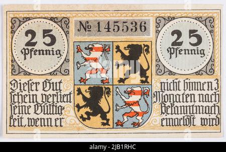 Bon de remplacement pour 25 Pfennig, Stadt, Hildburghusen ; Allemagne B.R. (1921). Banque D'Images