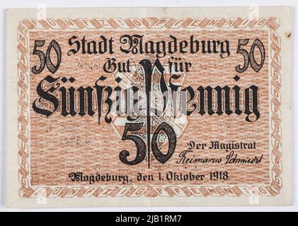 Bon de remplacement pour 50 Pfennig, Stadt, Magdeburg, Allemagne, 1.10.1918. Banque D'Images