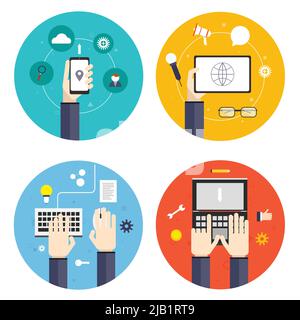 Mains humaines en maintenant le contact montrant différentes icônes plates définir une illustration vectorielle isolée Illustration de Vecteur