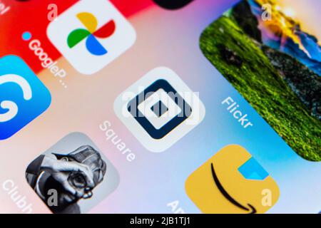 Kumamoto, JAPON - août 26 2021 : logo du service de paiement en ligne Square sur iPhone. Square est une société américaine de services financiers et de paiements numériques de SF, CA. Banque D'Images