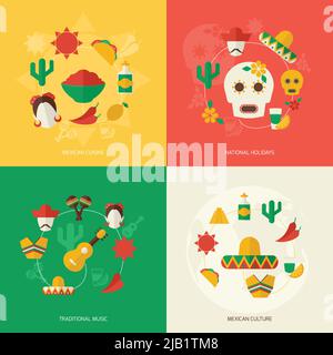 Mexique symboles de voyage plat icône ensemble avec cuisine mexicaine fêtes nationales musique traditionnelle culture vecteur isolé illustration Illustration de Vecteur