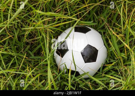 Ballon de football perdu dans l'herbe haute Banque D'Images