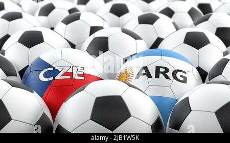 Match de football de la République tchèque contre l'Argentine - balles en cuir aux couleurs nationales de la République tchèque et de l'Argentine. 3D rendu Banque D'Images