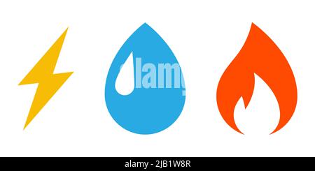 Jeu d'icônes de feu, de goutte d'eau et de flash Illustration de Vecteur