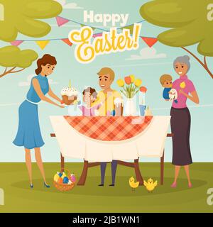 Affiche plate Happy easter Celebration avec dîner familial en plein air avec tulipes et illustration d'affiche plate de gâteau traditionnel Illustration de Vecteur