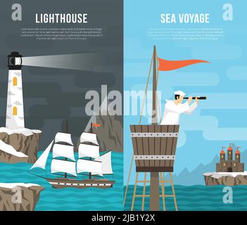 Banderoles verticales nautiques avec phare et bateau voyage plat compositions illustration vectorielle Illustration de Vecteur