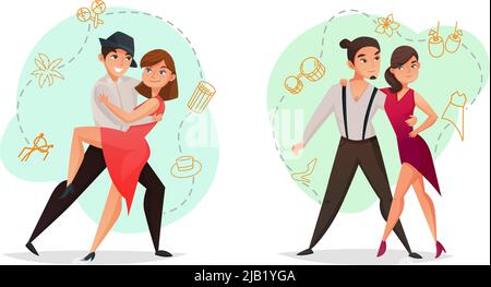 Célèbres styles de danse 2 web templates ensemble avec des paires tango et salsa déplace rétro isolé illustration vectorielle Illustration de Vecteur