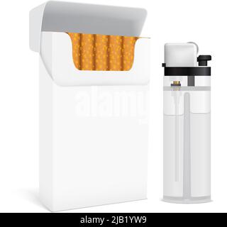 Kit fumeur comprenant un paquet de cigarettes en carton entièrement ouvert et une illustration vectorielle isolée d'un briquet à gaz transparent Illustration de Vecteur