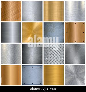 Texture des feuilles métalliques grandes icônes réalistes ensemble avec différentes finitions de surface en or et argent illustration vectorielle isolée Illustration de Vecteur