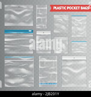 Assortiment de sacs de poche en plastique transparent refermable refermable collection réaliste sur fond transparent illustration vectorielle Illustration de Vecteur