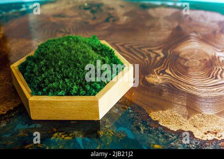 La mousse stabilisée dans une boîte hexagonale en bois se tient sur une table en résine époxy. Intérieur écologique, vitrine pour la mise en vente d'articles Banque D'Images