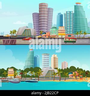 Le bord de mer de Miami abrite 2 bannières de dessin animé rétro avec les célèbres monuments de la ville tours illustration vectorielle isolée Illustration de Vecteur