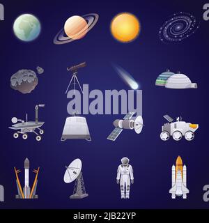 Les icônes plates de l'exploration spatiale définissent l'illustration vectorielle isolée d'un vaisseau spatial par satellite d'astronaute lunaire artificiel Illustration de Vecteur