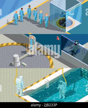 Programme d'entraînement des astronautes compositions horizontales isométriques ensemble avec des personnages humains et système d'entraînement de simulation appareils d'exercice vecteur illustra Illustration de Vecteur