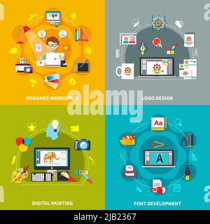 Ensemble de quatre outils de conception carrés avec design de logo de design de lieu de travail peinture numérique et descriptions de développement de polices illustration vectorielle Illustration de Vecteur