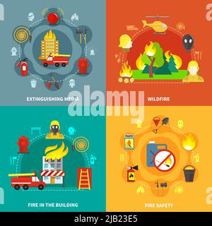 Outils de lutte contre les incendies sécurité incendie bâtiments et forêt 2x2 concept isolé sur des arrière-plans colorés illustration vectorielle plate Illustration de Vecteur