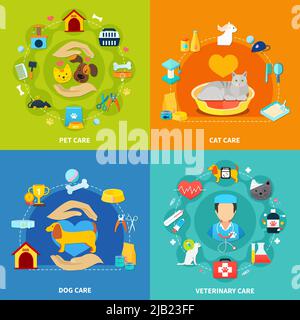 Accessoires de soins pour animaux domestiques et cliniques vétérinaires 2x2 oisons sur fond coloré illustration vectorielle isolée plate Illustration de Vecteur
