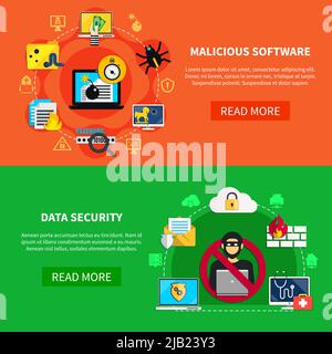 Bannières horizontales plates de piratage avec logiciel malveillant et sécurité des données icônes décoratives dessin animé illustration vectorielle Illustration de Vecteur