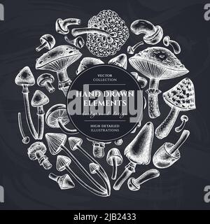Motif couronne de champignons de la forêt. Champignons dessinés à la main, mouche agarique, bleu, etc Illustration de Vecteur