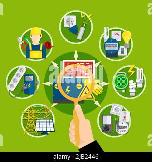 Composition avec loupe en main, appareils et technologies électriques, y compris la pile solaire sur fond vert illustration vectorielle Illustration de Vecteur