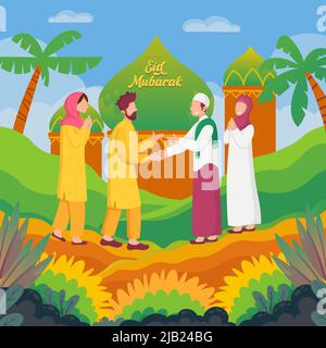 Bonne carte de vœux Eid mubarak. Les musulmans célèbrent Eid al-fitr. Homme musulman se serrant la main et souhaitant l'un l'autre Illustration de Vecteur