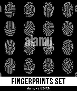 Jeu d'empreintes digitales, informations biométriques avec combinaisons uniques de lignes courbes sur fond noir illustration vectorielle isolée Illustration de Vecteur