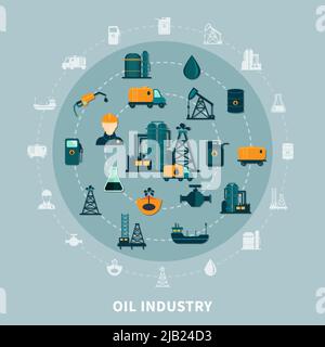 Composition de l'industrie pétrolière avec des icônes plates isolées et silhouettes d'installations de transport et de stockage du pétrole illustration vectorielle Illustration de Vecteur