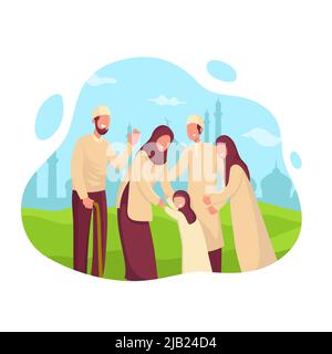 Bonne carte de salutation eid moubarak. La famille musulmane bénédiction Eid moubarak aux grands-parents isolés sur fond blanc Illustration de Vecteur