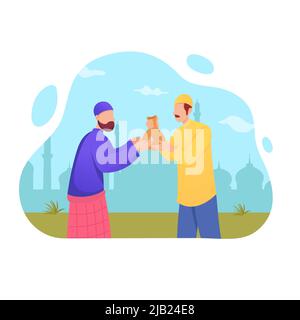 Homme musulman donnant de la nourriture ou du zakat aux personnes âgées et pauvres en mois de ramadan. Ramadan payer zakat et partager avec d'autres concepts d'illustration Illustration de Vecteur