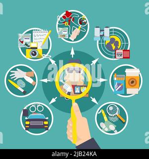 Composition colorée et plate détective avec ensemble d'icônes rondes combiné dans une illustration vectorielle grand cercle Illustration de Vecteur