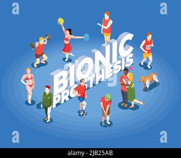 Bionique prothèse isométrique vecteur illustration avec des personnes impliquées dans les sports ayant artificiel de jambes et de mains de haute technologie prothèse Illustration de Vecteur