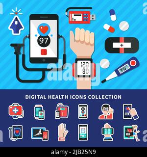 Collection d'icônes de bannière plate de santé numérique avec appareils médicaux électroniques mobiles portables de diagnostic personnels symboles illustration vectorielle Illustration de Vecteur