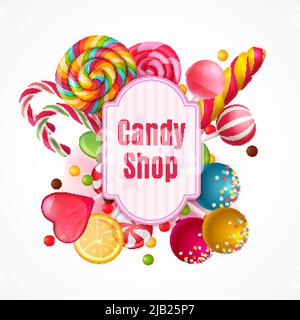 Cadre décoratif avec bonbons réalistes, sucettes colorées de formes diverses sur fond blanc illustration vectorielle Illustration de Vecteur