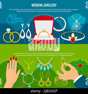 Bijoux de mariage bannières horizontales avec décorations or et argent y compris les anneaux d'engagement, diadem, boucles d'oreilles illustration vectorielle isolée Illustration de Vecteur