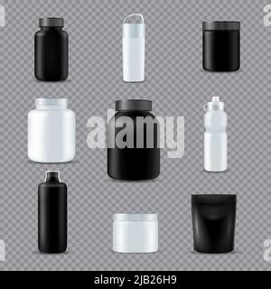 Fitness sport boissons suppléments nutrition éco bouteilles réaliste blanc noir ensemble transparent fond isolé illustration vectorielle Illustration de Vecteur
