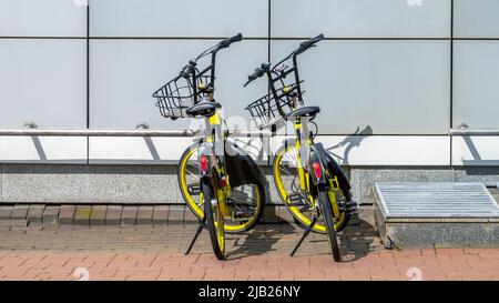 Partage de vélo. Deux vélos jaunes partagés. Banque D'Images
