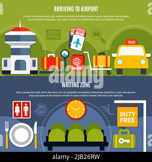 Service international d'aéroport 2 bannières horizontales plates lumineuses avec zone d'attente hors taxes illustration vectorielle isolée Illustration de Vecteur