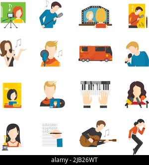 La chanteuse de musique pop et les icônes plates de concert définissent une illustration vectorielle isolée Illustration de Vecteur