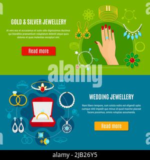 Banderoles horizontales de bijoux en or et en argent avec décorations de mariage sur fond bleu et vert illustration vectorielle isolée Illustration de Vecteur