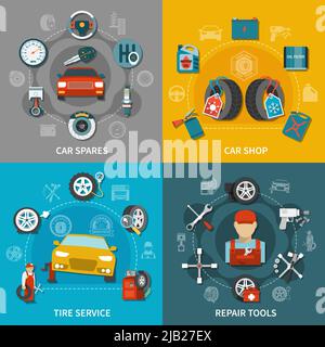 Pneu à plat équipement de service voiture pièces de rechange et articles d'atelier 2x2 sur fond coloré illustration vectorielle isolée Illustration de Vecteur