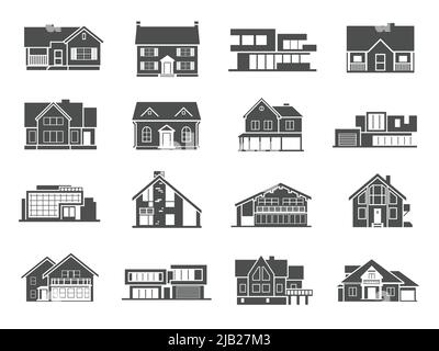 Maisons et cottages modernes diversité plate gris icônes ensemble isolé illustration vectorielle Illustration de Vecteur