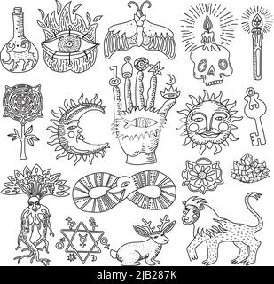 Ensemble de motifs de tatouage magique à la mode, à motif monochrome, isolés sur une illustration vectorielle d'arrière-plan blanche Illustration de Vecteur