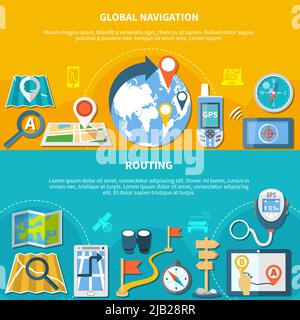 Ensemble de deux bannières de navigation horizontales avec icônes isolées des gadgets de cartes et illustration vectorielle des applications de transcription de parcours Illustration de Vecteur