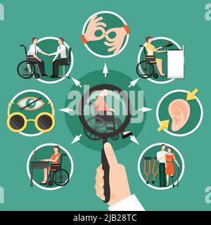 Composition de personnes handicapées avec ensemble d'icônes isolées combiné autour de personnes handicapées qui sont assis dans une illustration vectorielle de fauteuil roulant Illustration de Vecteur